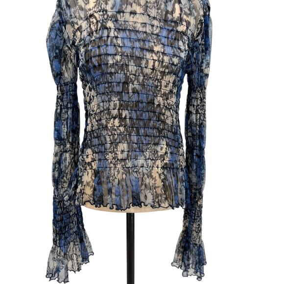 Free People Hello There Top Blouse Smocked Flare Sleeve Mesh Floral Blue Large - Picture 5 of 11